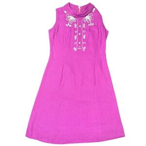 Vintage Purple Embroidered Sleeveless Dress Mock Neck 70s Mod M